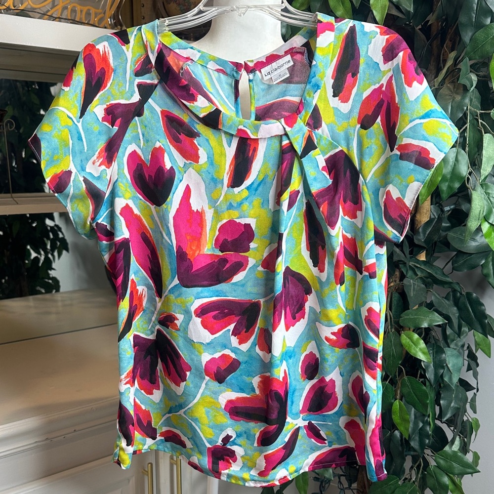 Liz Claiborne Multicolor Floral Short-Sleeve Blouse